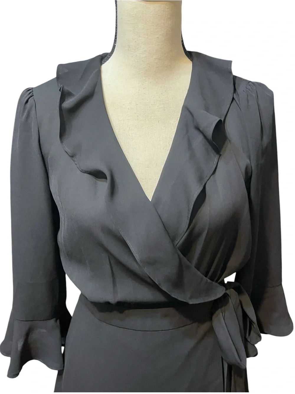 Marella Black Lightweight Ruffle Faux Wrap 3/4 Sleeve Mini Cocktail Dress Size 4